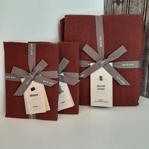 West Elm European Flax Linen King Duvet Cover & 2 King Shams Currant Red